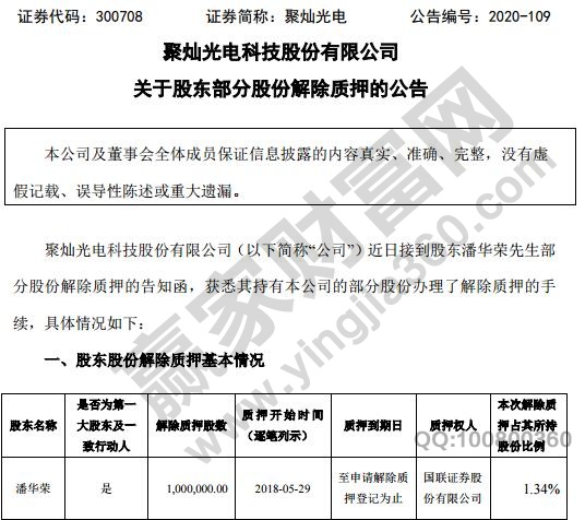 聚灿光电解除质押